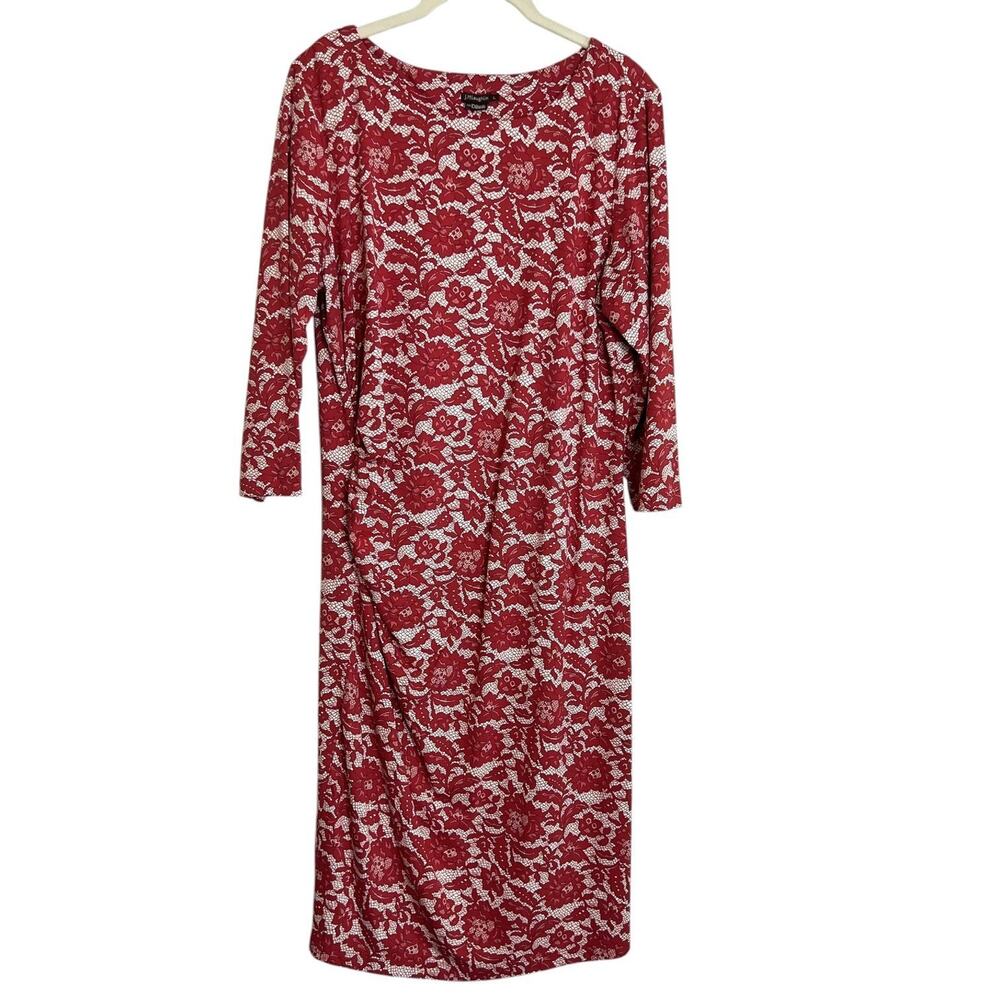 J McLaughlin Nicola Midi Dress XL Red White Lace Print Catalina Cloth 3/4 Sleeve